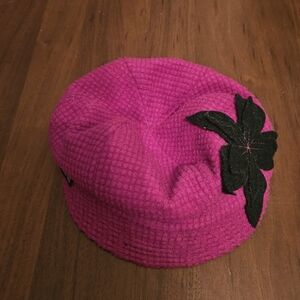 Pink Knit Beret with Black Leaf Accent